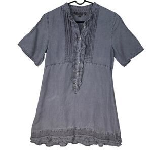 Linen Shirt Dress Size Small Purple Ruffle Mini Pintuck Artsy Lagenlook Natural